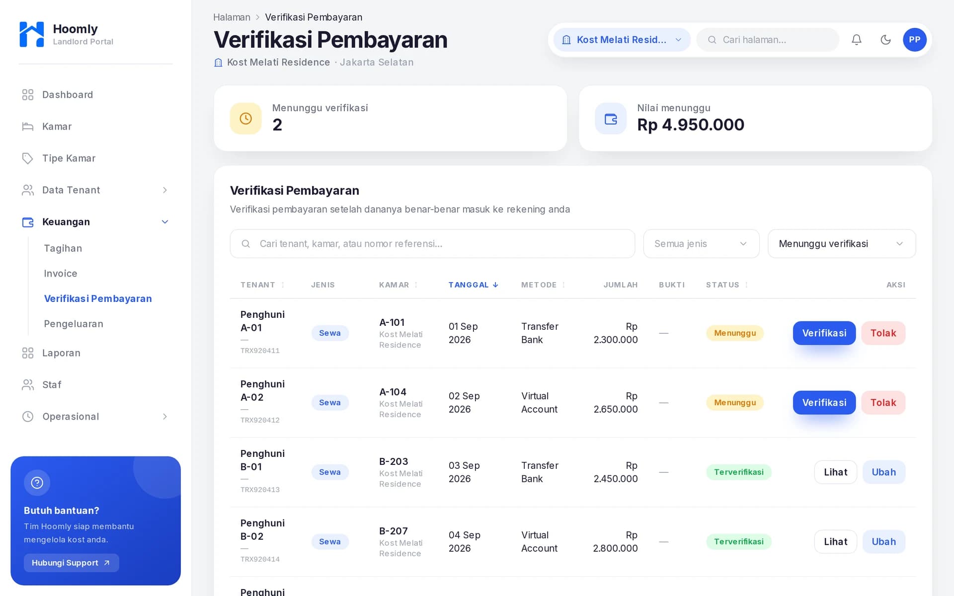 Halaman verifikasi pembayaran Landlord Portal Hoomly dengan daftar transfer yang menunggu verifikasi